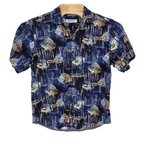 Tommy Bahama Veracruz Cay Shirt Men Med Blue Fish Geometric Print Vacation Beach
